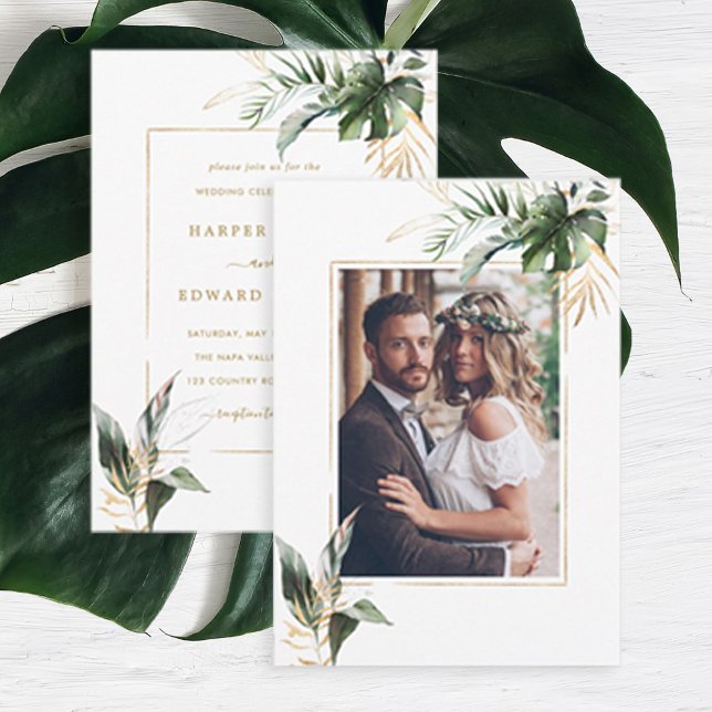 Tropical Watercolor Leaves Gold Wedding Photo Invitation (Creator Uploaded)