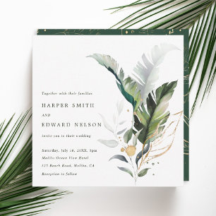 Tropical Watercolor Leaves Green Wedding Square Invitation