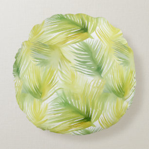 Tropical Watercolor Leaves Round Cushion