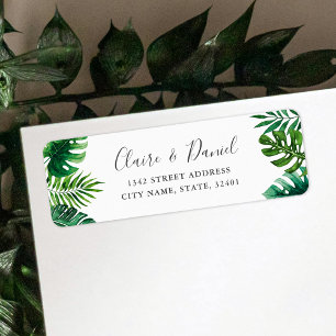 Tropical Watercolor Leaves Wedding Return Address  Label