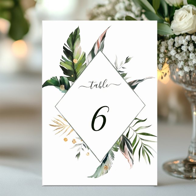 Tropical Watercolor Leaves Wedding Table Number (Creator Uploaded)