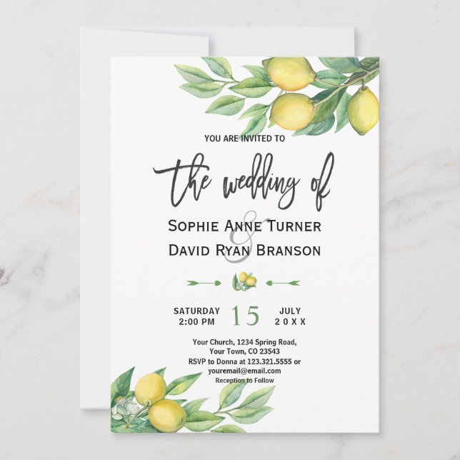 Tropical Watercolor Lemon Fruits Flowers Wedding Invitation (Front)