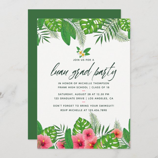 Tropical Watercolor Luau Graduation Party Invite (Front/Back)