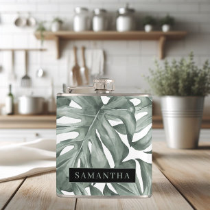Tropical Watercolor Modern Oasis Leaves Pattern Hip Flask
