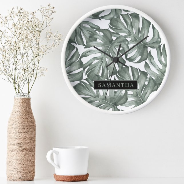 Tropical Watercolor Modern Oasis Leaves Pattern Round Clock (Creator Uploaded)