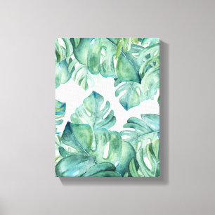 Tropical Watercolor Monstera Palm Leaves Canvas Print