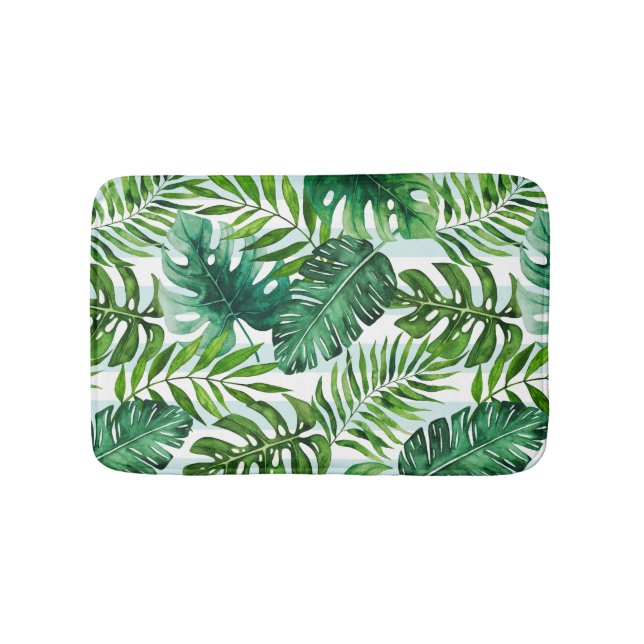 Tropical Watercolor Monstera & Palm Tree Leaves Bath Mat (Front)