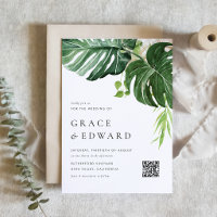 Tropical Watercolor Monstera QR Code Wedding