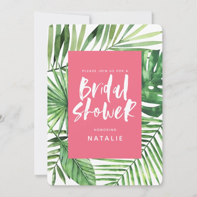 Tropical watercolor palm leaf bridal shower invite (Front)