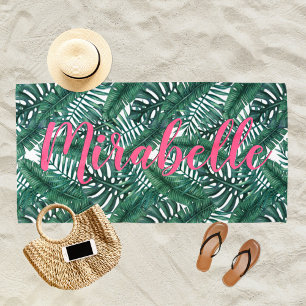 Tropical Watercolor Palm Leaves Custom Pink Name Beach Towel