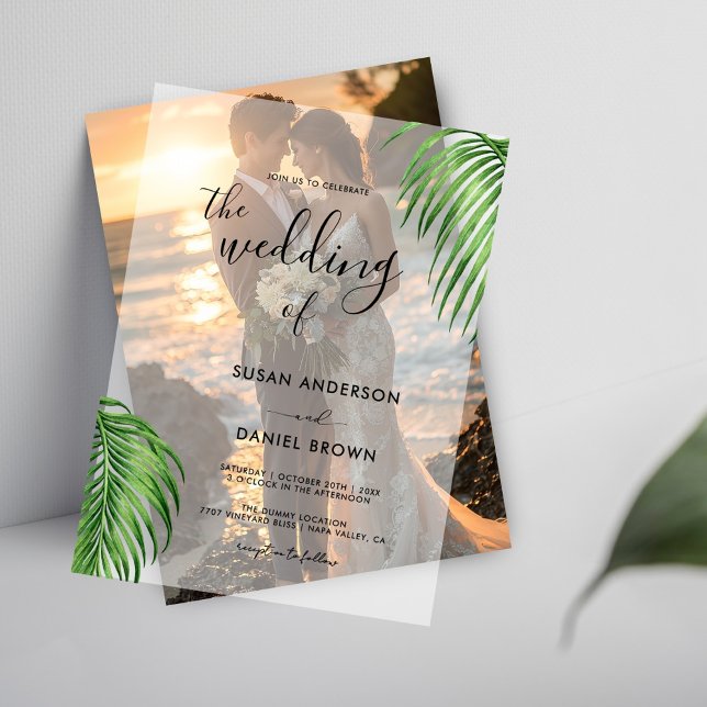Tropical Watercolor Palm Leaves Elegant Wedding Vellum Invitations (Creator Uploaded)