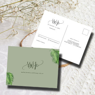 Tropical Watercolor Palm Leaves Wedding RSVP Postcard
