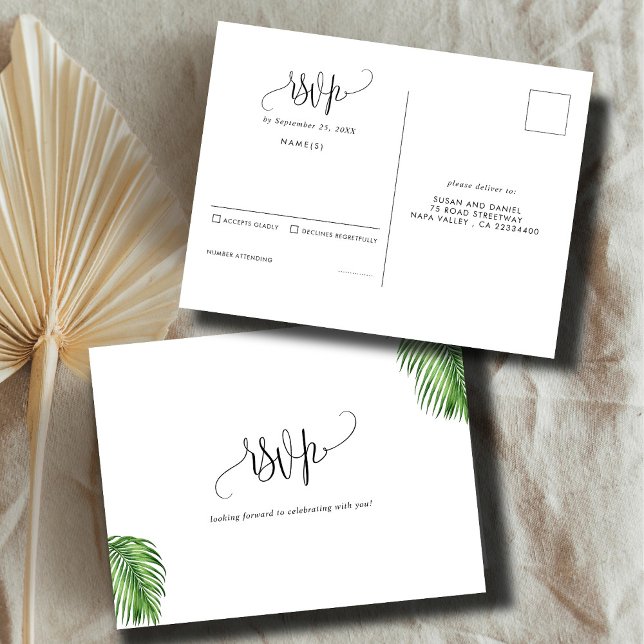 Tropical Watercolor Palm Leaves Wedding RSVP Postcard (Creator Uploaded)