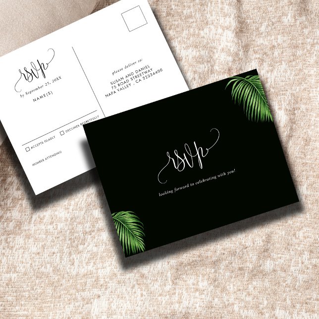 Tropical Watercolor Palm Leaves Wedding RSVP Postcard (Creator Uploaded)