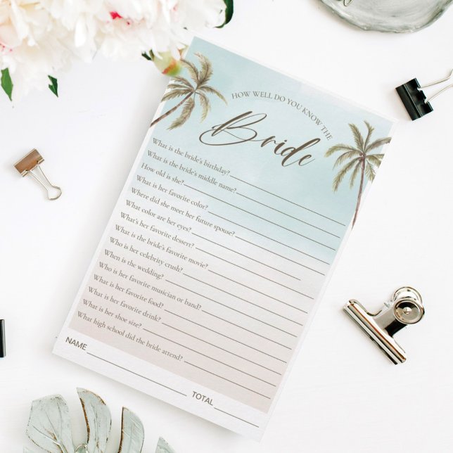Tropical Watercolor Palm Tree Bridal Shower Game Invitation (Tropical Watercolor Palm Tree Bridal Shower Game)