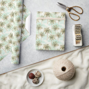 Tropical Watercolor Palm Trees Aqua and Tan Wrapping Paper