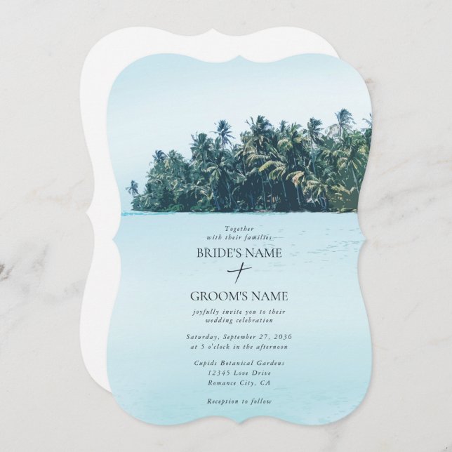 Tropical Watercolor Palms & Beach Wedding Invitation (Front/Back)