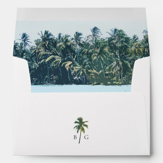 Tropical Watercolor Palms & Beach Wedding Invite Envelope (Back (Bottom))