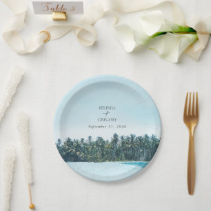 Tropical Watercolor Palms & Beach Wedding Paper Plate