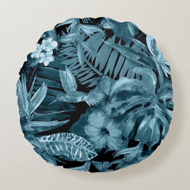 Tropical Watercolor Paradise: Jungle Blossom Round Cushion (Front)