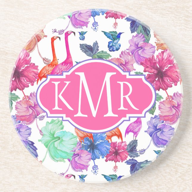 Tropical Watercolor Pattern | Monogram Coaster (Front)