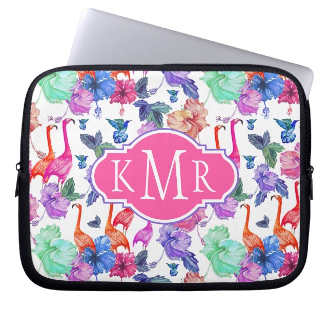 Tropical Watercolor Pattern | Monogram Laptop Sleeve (Front)
