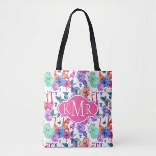 Tropical Watercolor Pattern Monogram Tote Bag