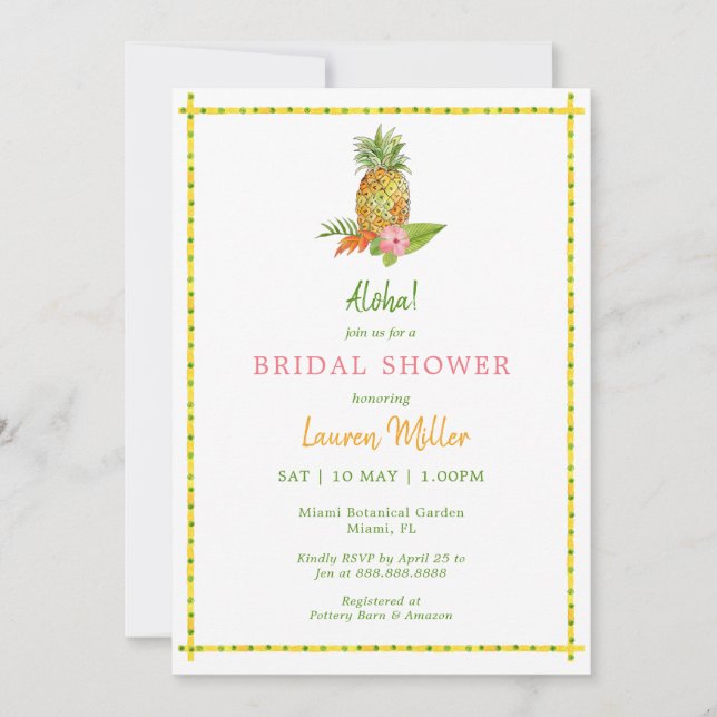 Tropical Watercolor Pineapple Aloha Bridal Shower Invitation (Front)