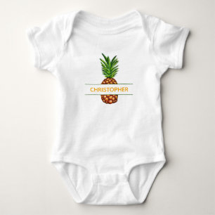 Tropical Watercolor Pineapple Baby Name Bodysuit