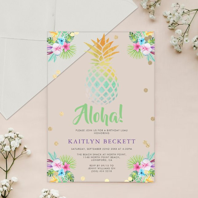 Tropical Watercolor Pineapple Birthday Luau Acrylic Invitations (Creator Uploaded)