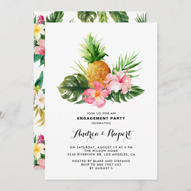 Tropical Watercolor Pineapple Engagement Party Invitation (Front/Back)