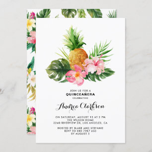 Tropical Watercolor Pineapple Floral Quinceanera Invitation