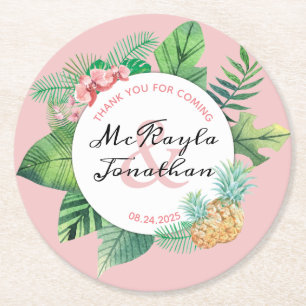 Tropical Watercolor Pineapple Orchid Wedding Favou Round Paper Coaster