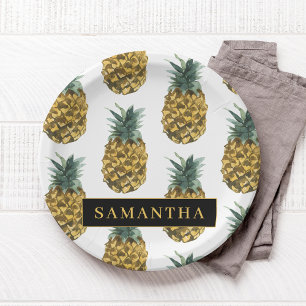 Tropical Watercolor Pineapple Pattern With Name Paper Plate