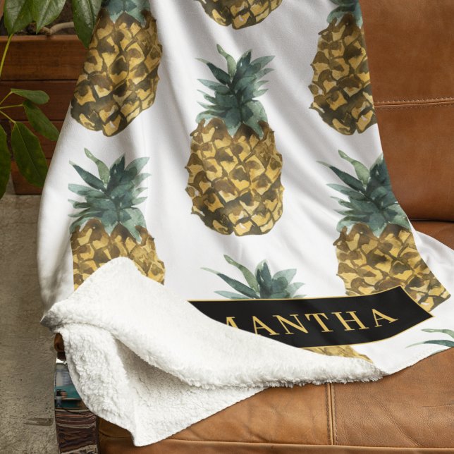 Tropical Watercolor Pineapple Pattern With Name Sherpa Blanket (Creator Uploaded)