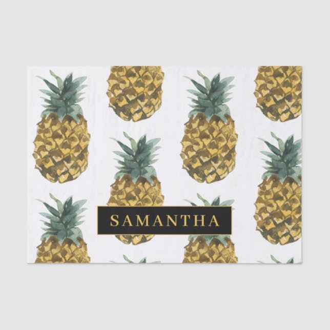 Tropical Watercolor Pineapple Pattern With Name Tissue Paper (Front)