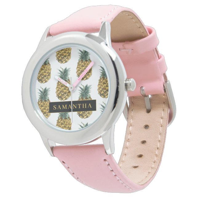 Tropical Watercolor Pineapple Pattern With Name Watch (Angled)