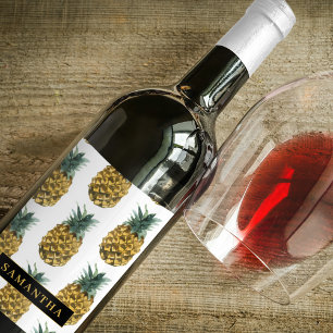 Tropical Watercolor Pineapple Pattern With Name Wine Label