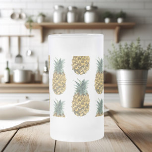 Tropical Watercolor Pineapple Seamless Pattern Frosted Glass Beer Mug