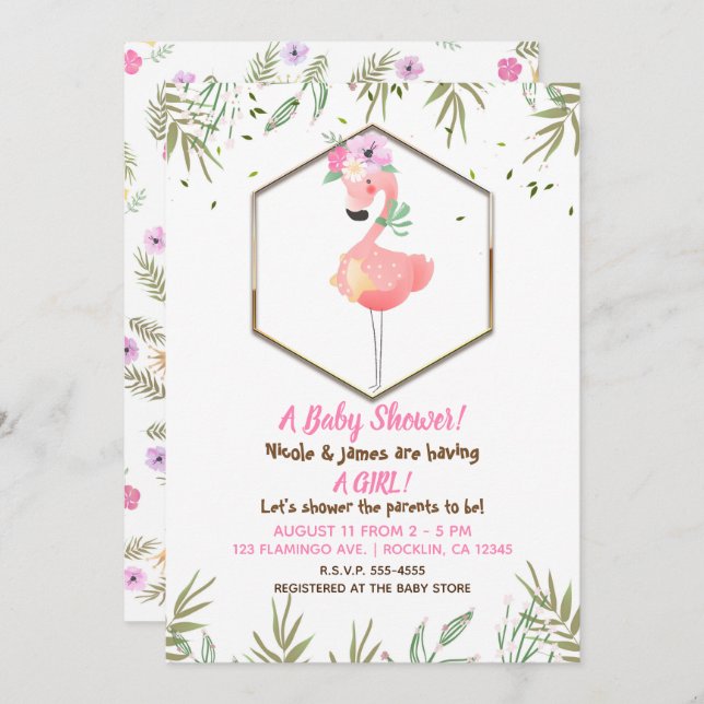 Tropical Watercolor Pink Flamingo Baby Shower Invitation (Front/Back)