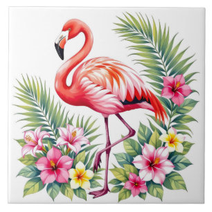 Tropical Watercolor Pink Flamingo Floral Hawaiian Ceramic Tile