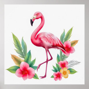 Tropical Watercolor Pink Flamingo Floral Hawaiian Poster