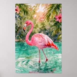 Tropical Watercolor Pink Flamingo Floral Paradise Poster