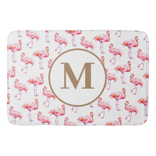 Tropical Watercolor Pink Flamingo   Gold Script Bath Mat