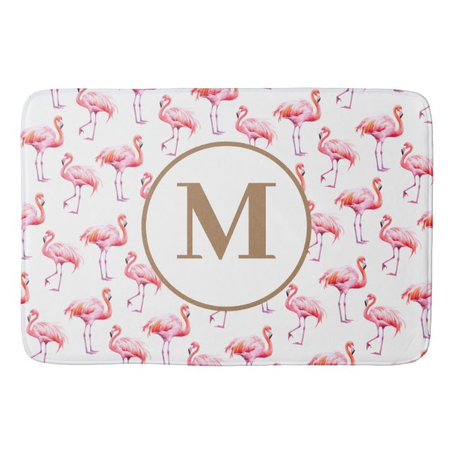 Tropical Watercolor Pink Flamingo | Gold Script Bath Mat (Front)