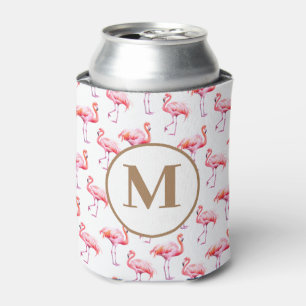 Tropical Watercolor Pink Flamingo Monogram Initial Can Cooler