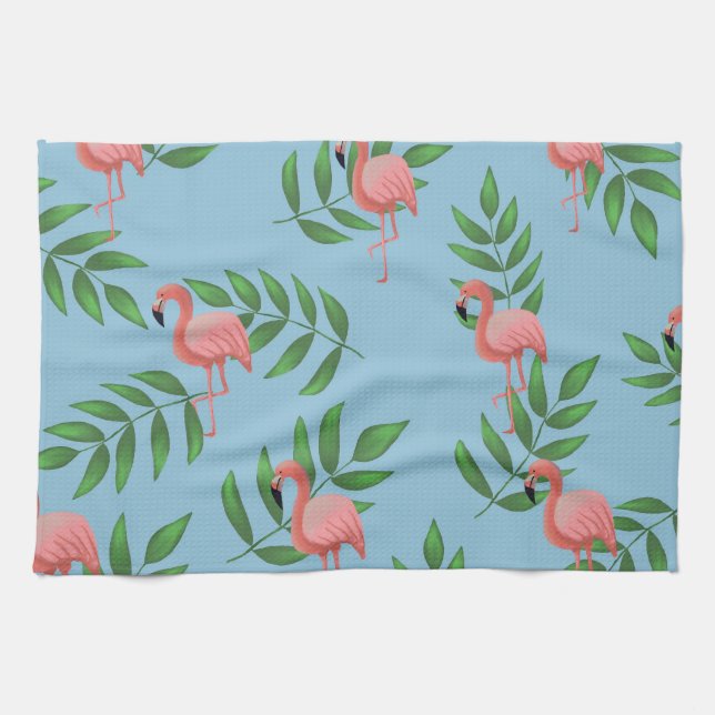 Tropical Watercolor Pink Flamingo Tea Towel (Horizontal)