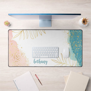 Tropical Watercolor Pink Gold Leaf Personalised Desk Mat