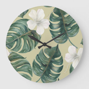 Tropical watercolor plants: seamless pattern. large clock