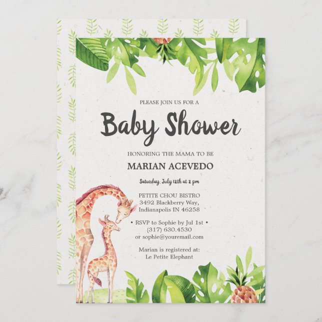 Tropical Watercolor Safari Baby Shower invitation (Front/Back)